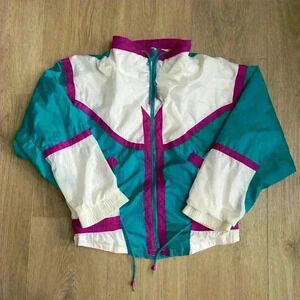 Vintage 80s 90s River Edge Jacket Women’s Retro Windbreaker Pink Teal White L